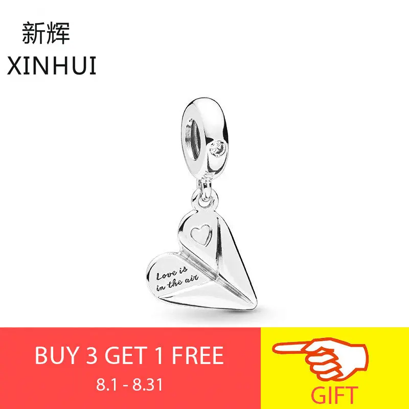 

XINHUI Original Authentic 100% 925 Sterling Silver Bead Heart Paper Plane Dangle Pendant Charm For Women Bracelet Jewelry Gift