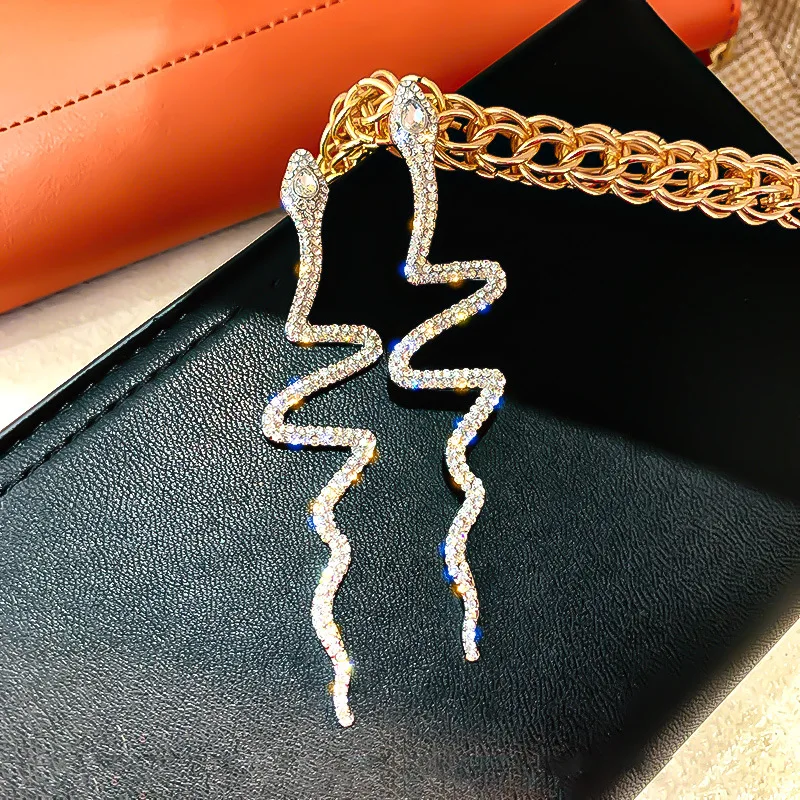 Длинные висячие серьги в форме змеи с кристаллами для женщин золотые серебряные