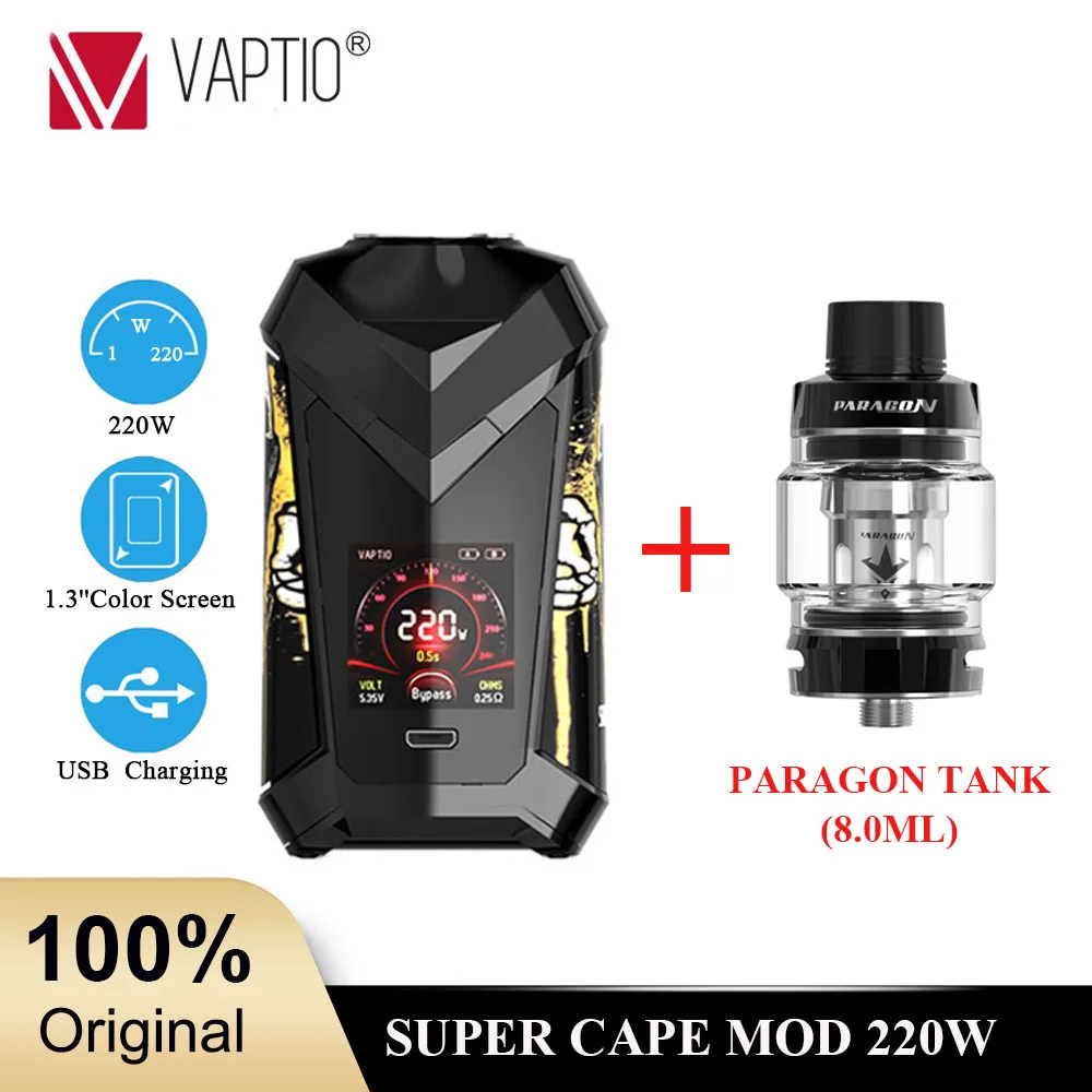 

Gift tank VAPTIO SUPER CAPE 220W MOD with 1.3 screen Electronic cigarette mod TC Box 510 thread Vape Mod fitted 510 thread tank