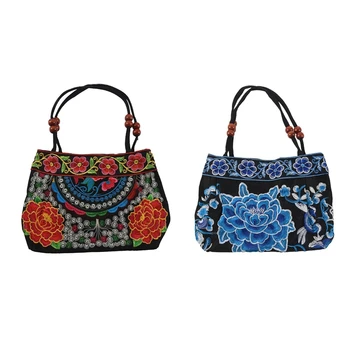 

ASDS-2Pcs Chinese Style Women Handbag Embroidery Ethnic Handmade Flowers Cross-Body - Red Double Peony & Blue Peony
