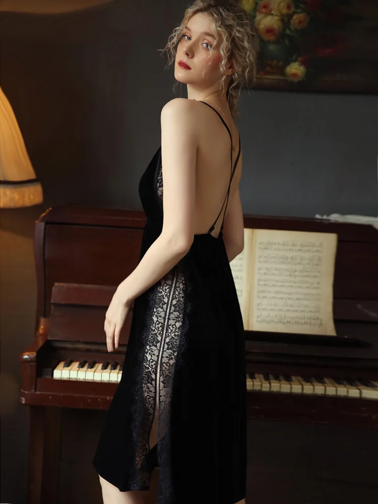 Sexy Nightgown Women Sleepwear Fall/winter Gold Velvet Beauty Back Suspender Dress Lace Side Split Temptation Hot Nightdress women nightgowns women nightdresses sleeping dress