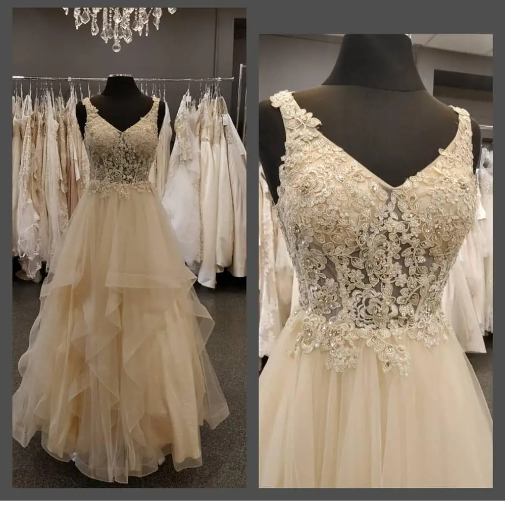 

2020 unique Wedding Dresses A-line Gold With Long Sleeve Lace Appliques Train Sexy Neck Bridal Gowns Custom Made manche longu