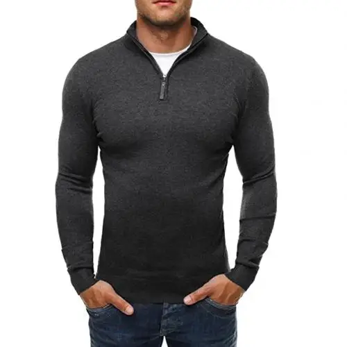 Мужской осенний свитер, пуловер, повседневный Однотонный свитер со стоячим воротником, платье, тонкая трикотажная одежда на молнии, тонкий мужской вязаный пуловер, свитера - Цвет: Grey