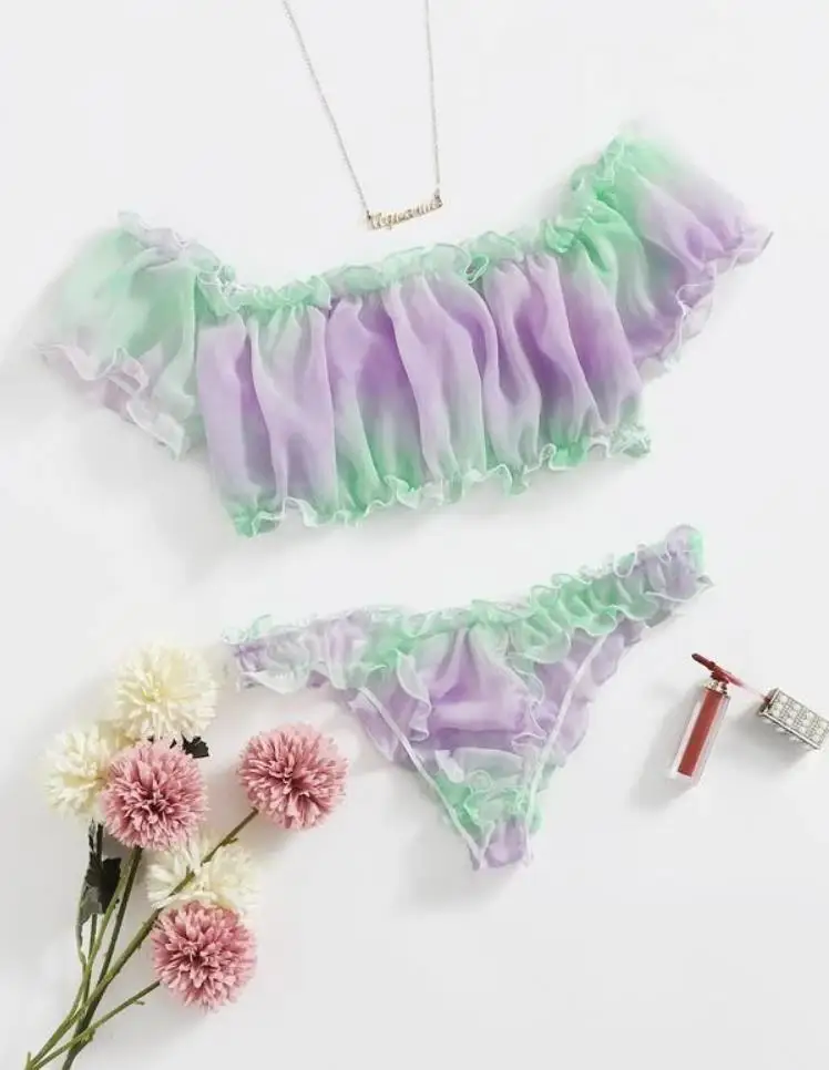 

Women's Split Bikini Set 2020 Tie Dye Outfit Short Puff Sleeve Crop Top Ruffle Thong Brazilian Set Swimsuit Swimwear Beachwear