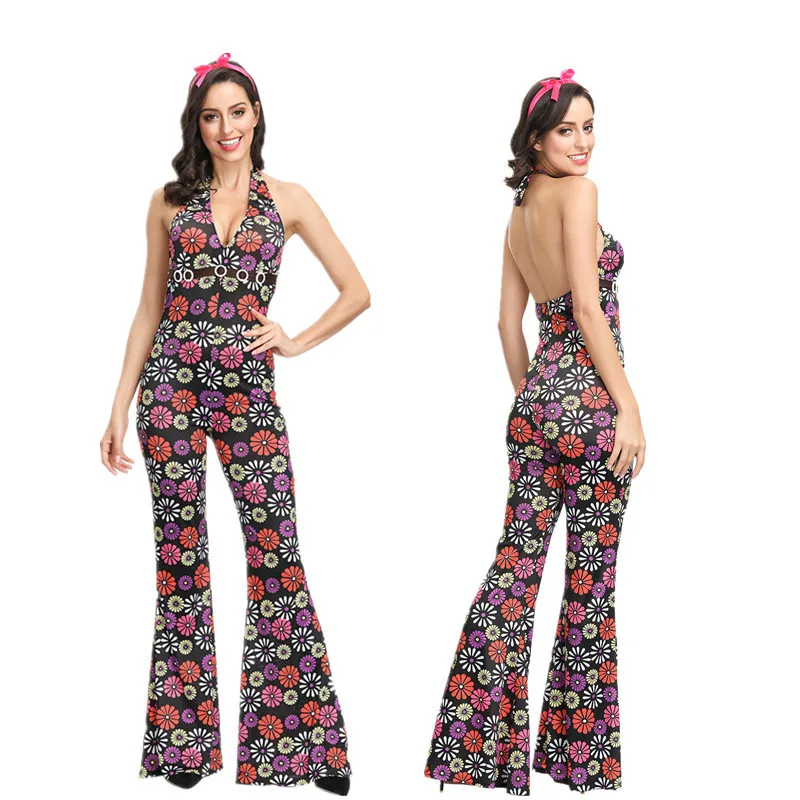 

2019 Hot Selling Elegant Nobility Elegant Bandage Cloth Black Background with Print Onesie Loose Pants Holiday WOMEN'S Dress