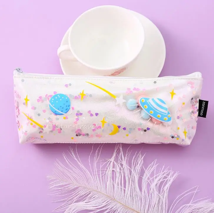 1 шт. пенал с героями мультфильмов лазерные блестки планета Космос Pencilcase большой карандаш сумки Канцелярские Принадлежности для школьников подарки - Цвет: 1