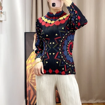 

Spring 2020 new printed T-shirt women Miyak fold Fashion retro stand collar long sleeve large size slim bottoming shirt top Tied
