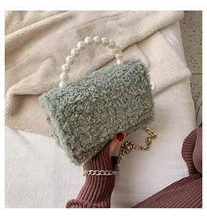Horizontal Green Женская Мини жемчужная ручка Наплечная Сумка из искусственного меха цепи Мода осень зима дорожная Сумочка мягкая плюшевая сумка через плечо маленькая сумка - Цвет: Horizontal Green