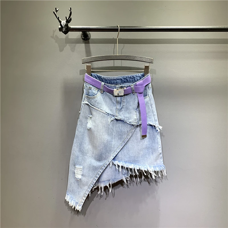 Летнее неровное с бахромой черная серая джинсовая юбка женская тонкая