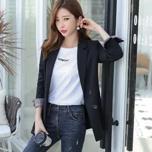 ^#Cheap Casual double-breasted ladies black blazer 2019 new stylish plaid sleeved children's jacket large size OL loose interview suit ^#Cheap Casual double-breasted ladies black blazer 2019 new stylish plaid sleeved children's jacket large size OL loose interview suit