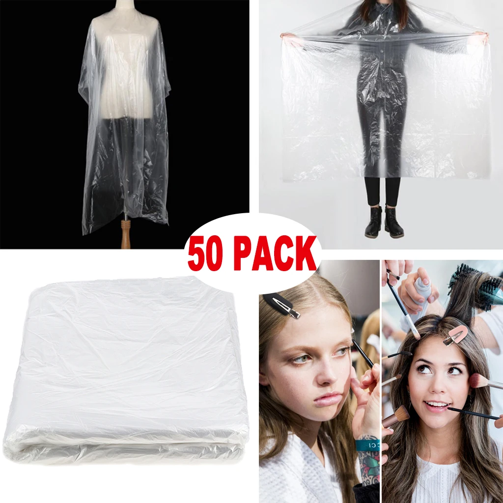 50x Disposable Haircut Capes Clear Barber Home Shawl Apron Cloth + 8x Hair Clips