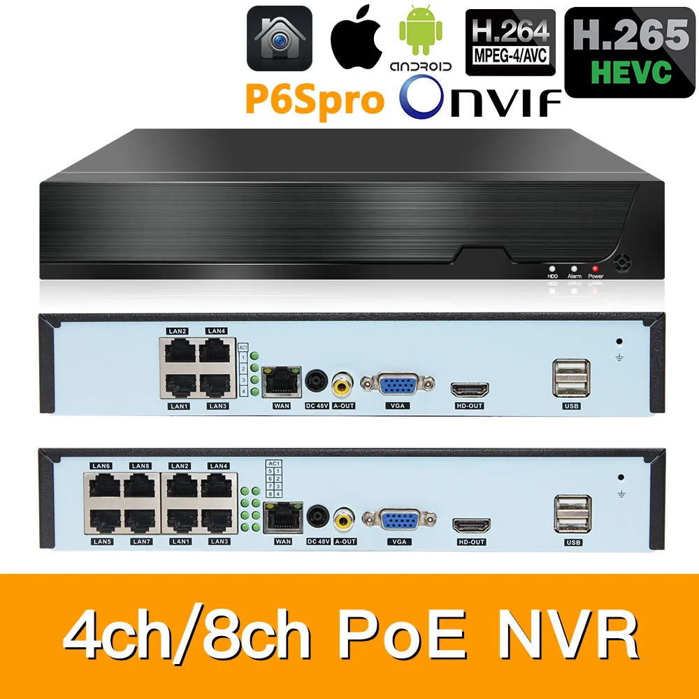 H.265 8ch* 5MP 4ch/8ch PoE сети видео Регистраторы наблюдения PoE NVR 4/8-канальный сетевой видеорегистратор HD 5MP/1080P IP Камера PoE 802.3af ONVIF