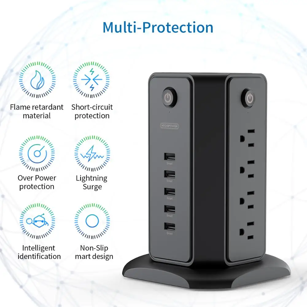 NTONPOWER US Power Strip Tower with 3M Extension Cord Surge Protector with Flat Plug 13A Circuit Breaker for Home and Office