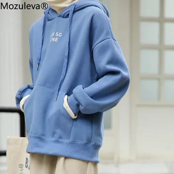 

Mozuleva New 2020 Autumn Letter Print Fleece Sweatshirts Women Oversize Ladies Thicken Pullover Hoodies Pockets 100% Cotton