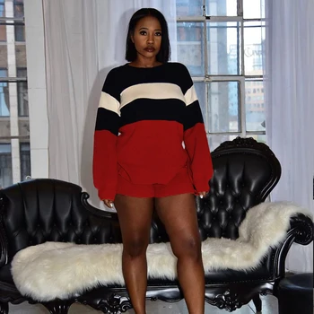 

TWO PIECE SET Shorts Cashmere Top Side Split Leisure Jumper Suits Women Tracksuit Contrast Color Plus Size Autumn Winter Warm 2