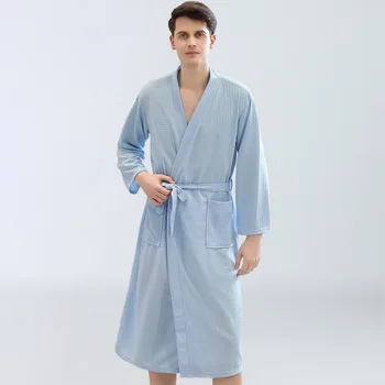 

Bathrobe Man Sleepwear Cotton Stitch Pocket Long Sleeve Belt Thin Pure Color Sexy Robe 2020 Fashion Pjs