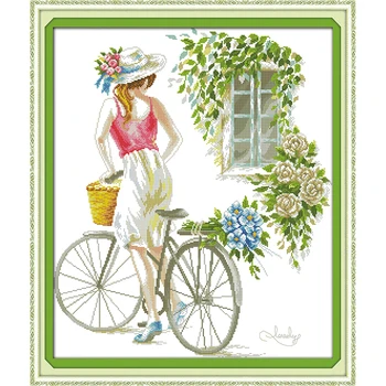 

Bicycle girl Chinese cross stitch kits Ecological cotton clear stamped printed 14CT 11CT DIY Christmas gift wedding decoration