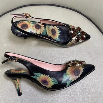 

2020 Women's brand new high quality Real leather floral print pointed toe high heeled pumps Chic Cystal high heels shoes BY815