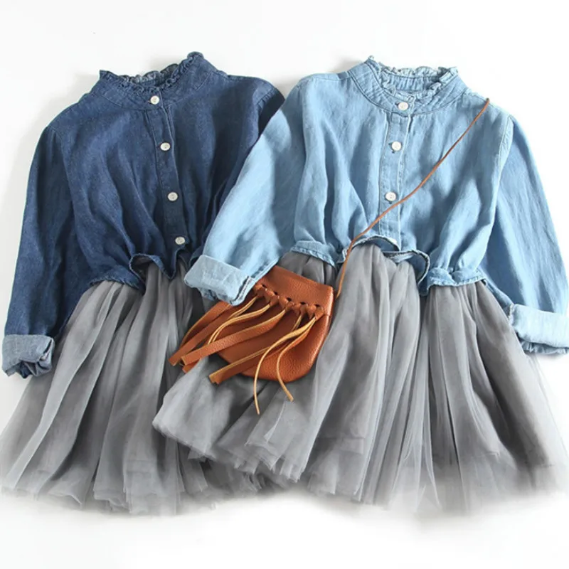 

Girls Denim Dress 2019 Spring and Autumn New Long-sleeved Mesh Splicing Baby Cowboy Princess Poncho Dress