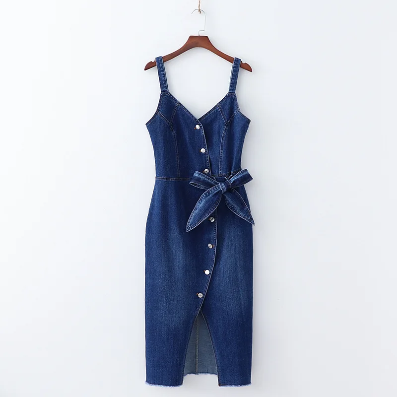 

2019 Spring Europe And America WOMEN'S Dress New Style Bow Slit Cowboy Strapped Dress 2105