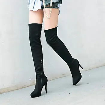 

Women Fashion Over the Knee Boots Flock Thin High Heel Thigh Boots Platform Zipper Winter Ladies Shoes Plus Size 43 2018
