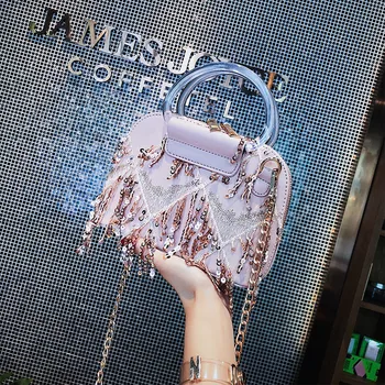 

Crossbody bags for women pu leather Women's Shoulder Bags female bag women handbag Fashion sequined fringed shell bag pink