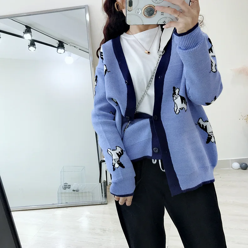 Women's Sweaters Autumn Winter fashionable Casual Printed V-Neck Cardigans Single Breasted Puff Sleeve Loose Sweater