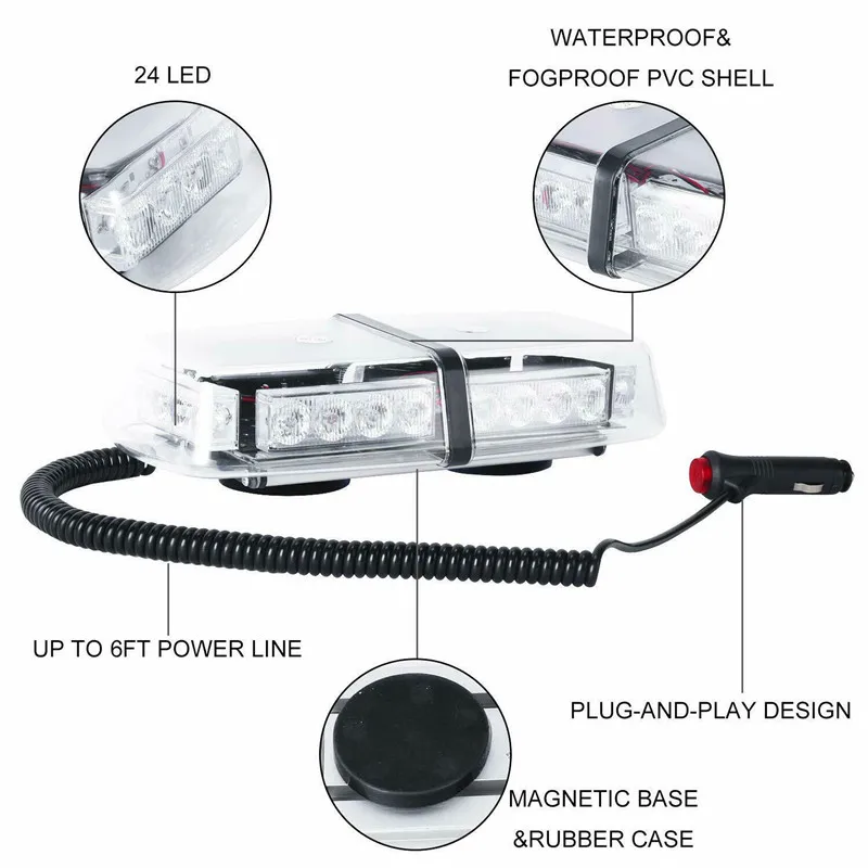 Стробоскоп, 24 светодиодный, янтарный, на крышу автомобиля, магнитный Предупреждение предупреждающий, мигающий, стробоскоп, светильник, на крышу автомобиля, грузовика, стробоскопы 12 В