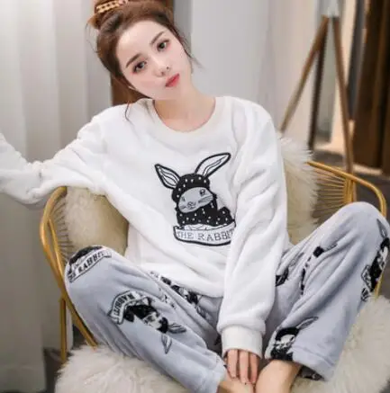 Whitebig ear rabbit korean Flannel Warm Pajamas for Women Long Sleeve Home Suit Ladies sleepwear Velvet Pajama set Thick Feminino Pants Pyjamas - Цвет: Whitebig ear rabbit
