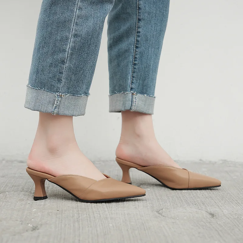 

2019 Spring Korean-style Women's Slippers Closed-toe Semi-high Heeled WOMEN'S Shoes Large Size Bow Slippers T3333