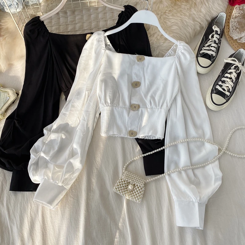 Vintage design women blouses square collar solid puff sleeved slim short high waist button female pulls tops outwear