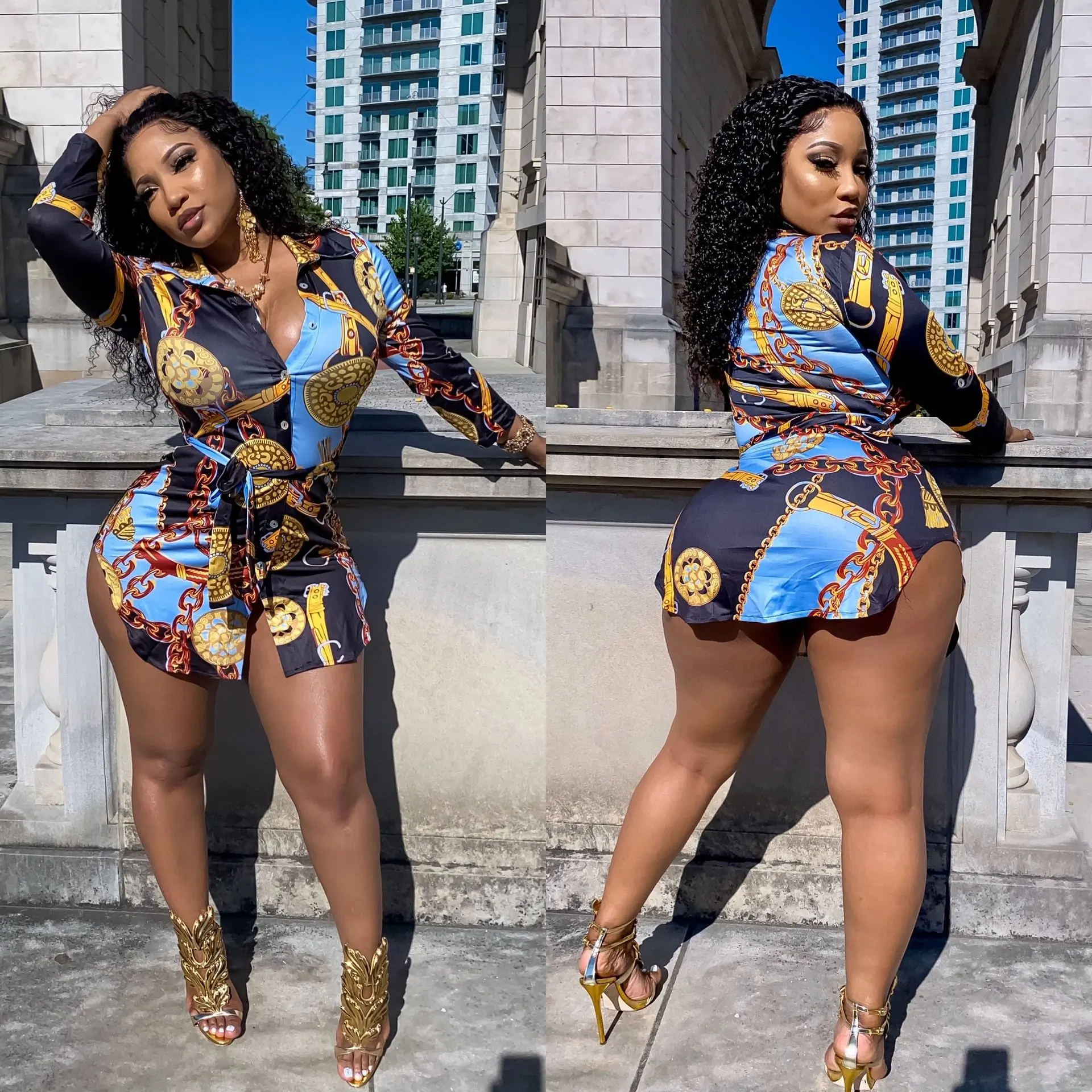 Женская модная Повседневная рубашка с цифровым принтом и цепочкой (с поясом) |