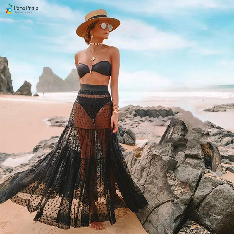 

Para Praia High Waist Swimwear with Cover up Transparent Bathing Suit Women Push Up Bikini High Waist Swimsuit Mesh Beach Dress