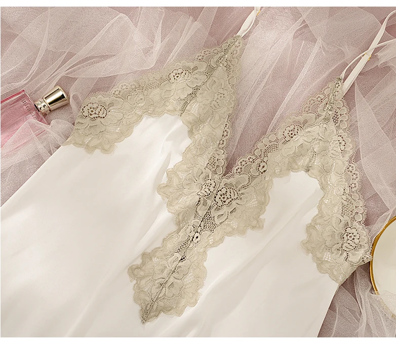 CINOON Sexy Nightdress For Women V-neck Sleeveless Pajamas Lace Silk Nightwear Strappy Sleepwear Comfortable Nightskirt Suit (13)