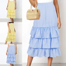 Горячая Для женщин Ярусное платье миди юбки из дышащего материала с высокой талией, в полоску с многослойными оборками юбка А-образного силуэта hh88