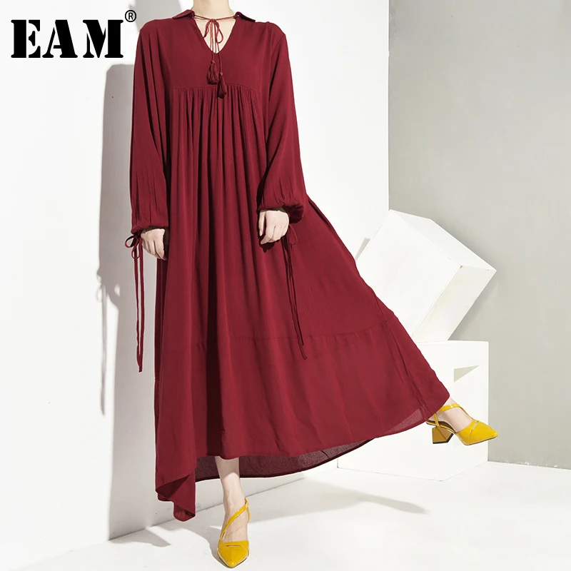 

[EAM] Women Red Pleated Bandage Long Temperament Dress New V-Neck Long Sleeve Loose Fit Fashion Spring Autumn 2019 LA5160
