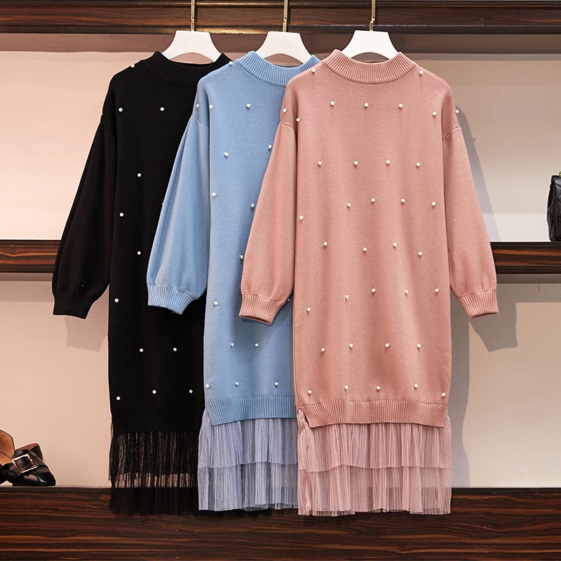

Plus Size 2019 Spring And Autumn And Winter New Ladies Temperament Dress Ladies Knitted Beaded Stitching Mesh Lace Dresses Girl