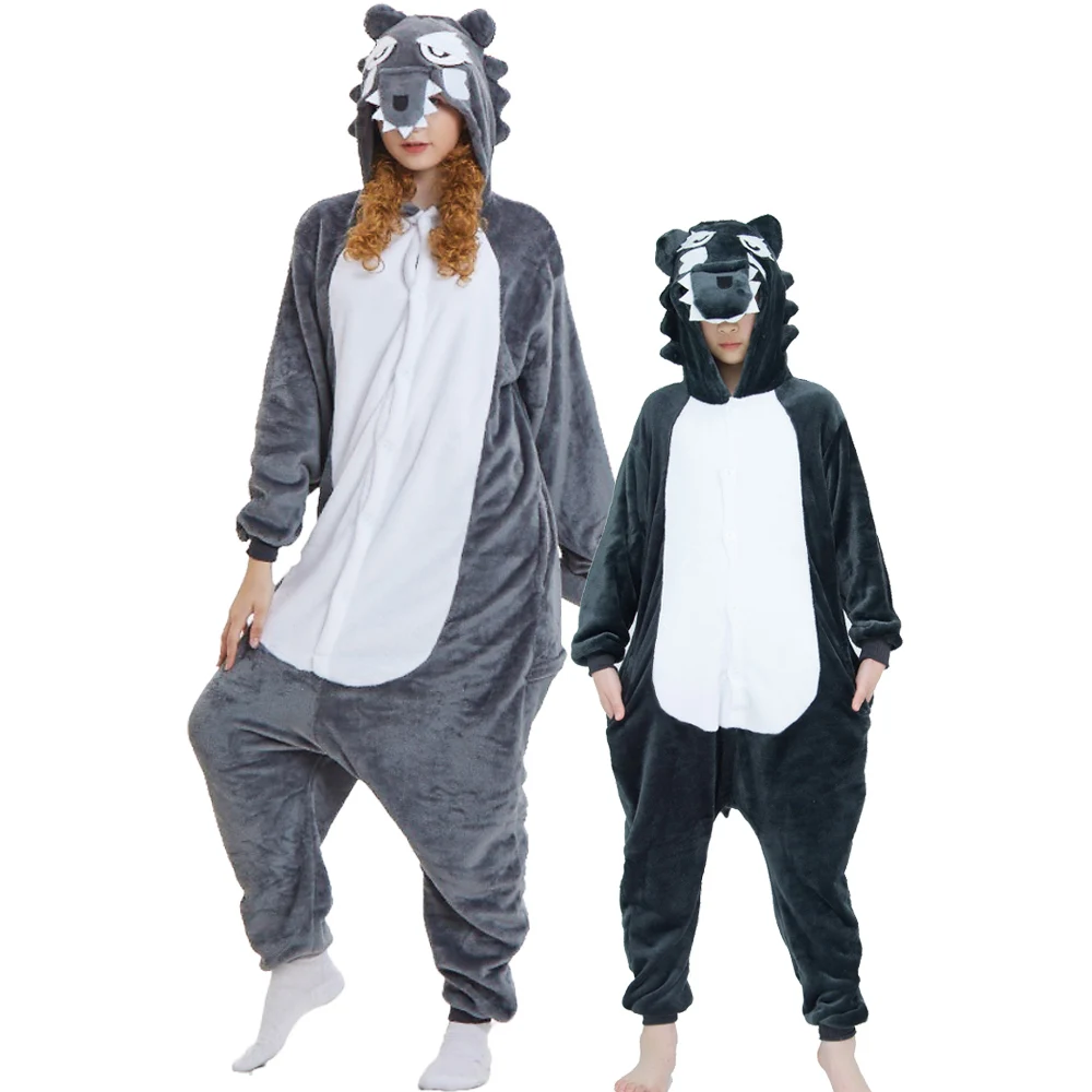 Pijama de invierno de manga larga para niños y niñas, mono cálido de franela con dibujos de Lobo y animales