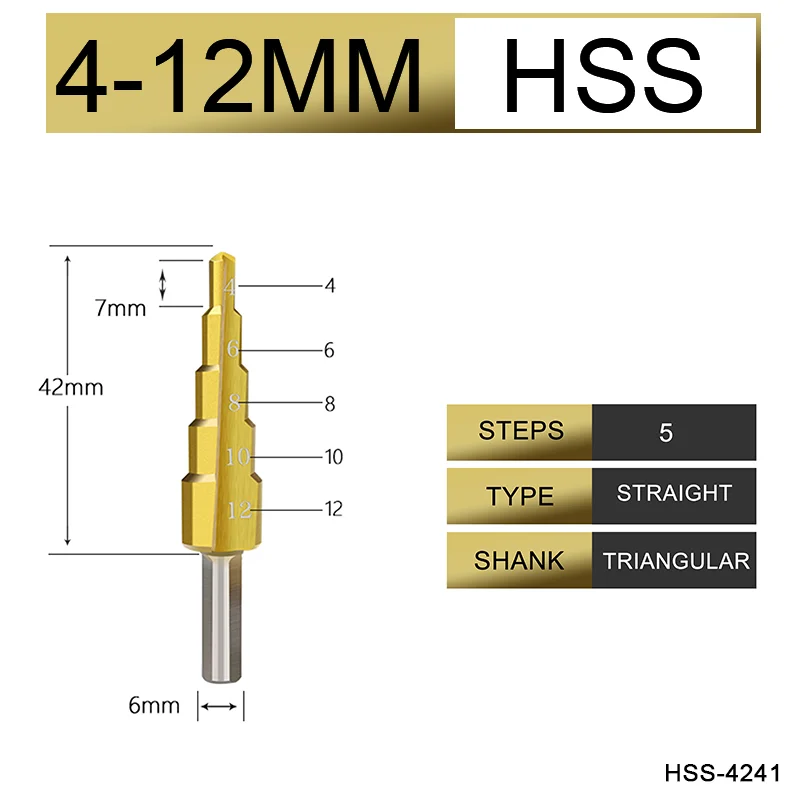 HSS4241 4-12 UCHEER Hss стальное титановое ступенчатое сверло с треугольным хвостовиком 4-12/4-20/4-32 шнековое сверло - Длина режущей кромки: HSS4241 4-12