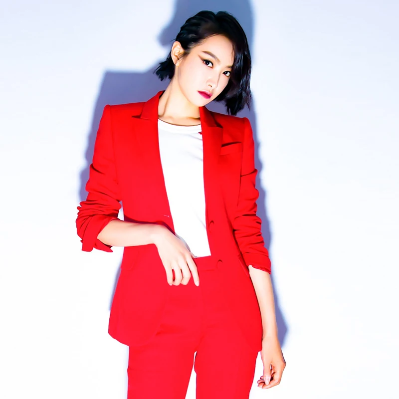 Women's Office Lady Two Pieces Sets Solid Red Elegant Single Breasted Turn-down Collar Blazers And Full Length Trousers