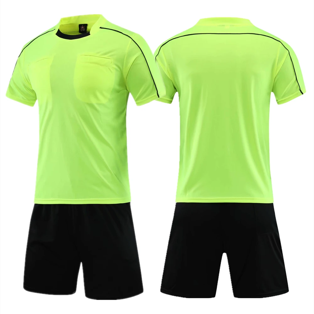 Professional Soccer Referee Uniform Men Round Neck Football Referee Jersey Set Short Sleeve Judge shirt Three Pockets Shorts