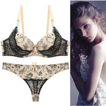 

Sexy Thong Lace Push Up Bra Set Printing Lingerie Women Underwear Sets Deep V Gather Intimates Plus Size Lace Bra Brief Sets