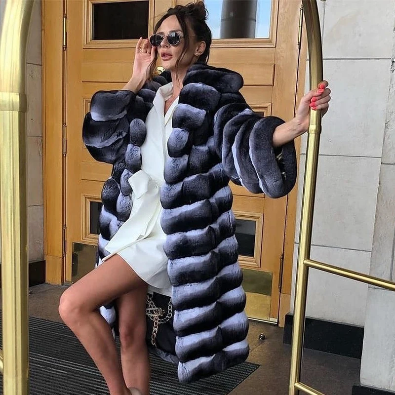 110cm Long Real Rex Rabbit Fur Coat With Big Turn-down Collar Thick Warm Fur Overcoat Chinchilla Collar Full Pelt Fur Coat Women