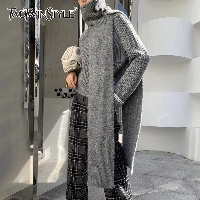 TWOTWINSTYLE Casual Knitting Sweater For Women Scarf Collar Long Sleeve Asymmetrical Loose Sweaters Female Clothing 2019 Fashion |