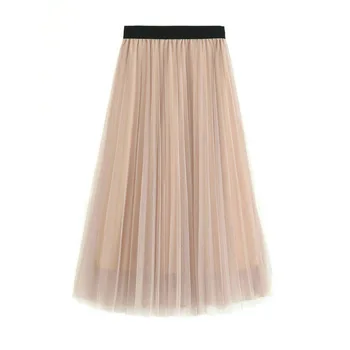 

NEW 3 Layers A-line Lace Mesh Skirt Women Tulle Long Pleated Skirt Women Midi Skirt Spring Summer Elastic Waist Skirts Bottoms