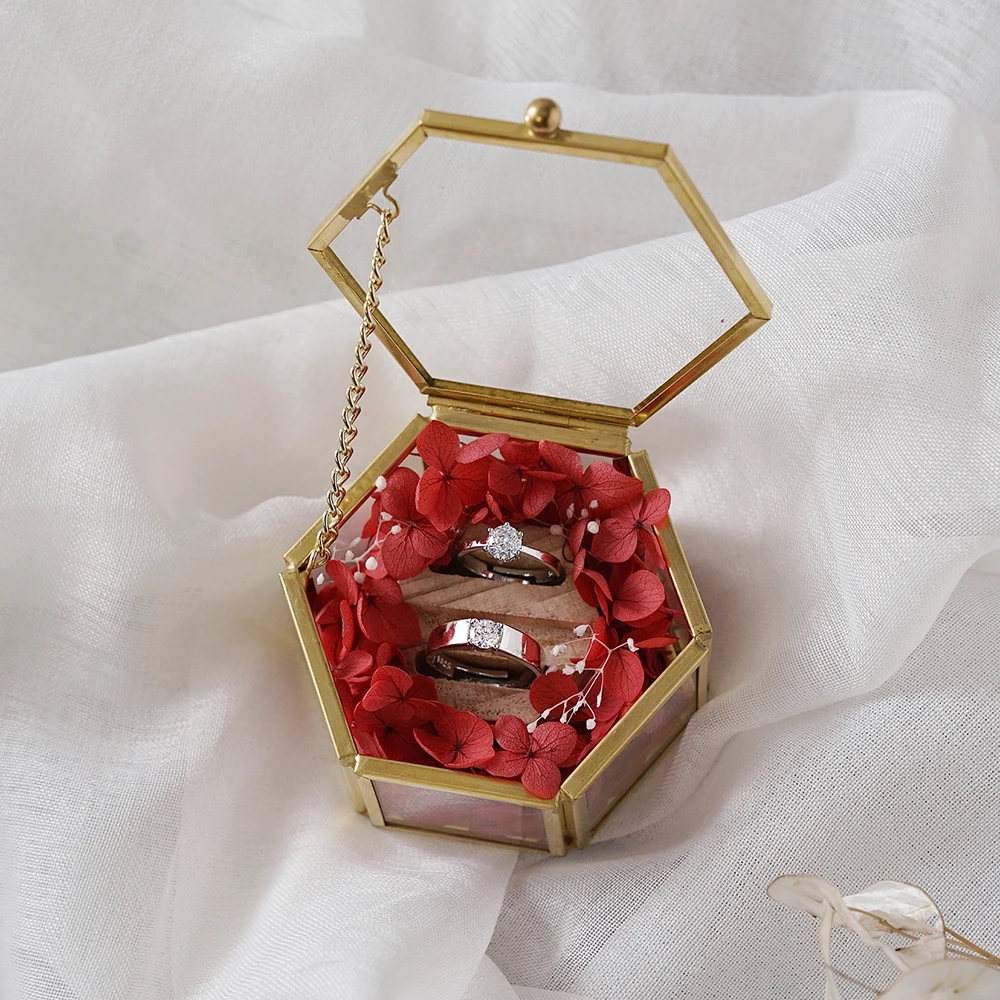 Red(No Rings) Милая Геометрическая стеклянная коробка с сокровищами с цветком золотая коробка для обручальных колец свадебное кольцо Подушка деревенское предложение кольцо держатель ленты коробка - Цвет: Red(No Rings)
