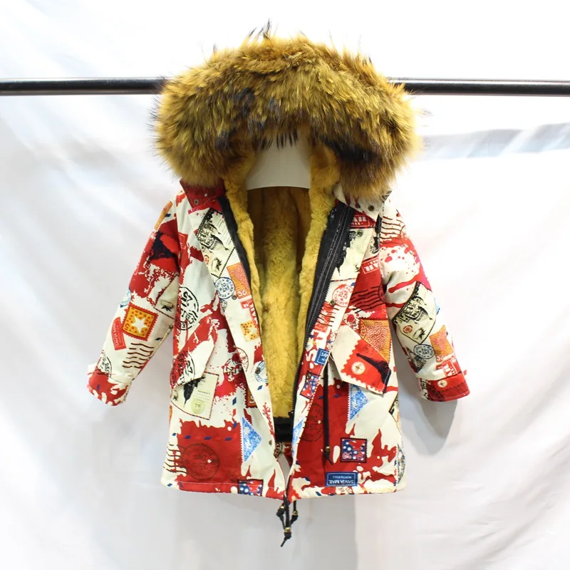 red yellow fur Одежда для маленьких девочек зимняя куртка с натуральным мехом парка, ветровка для мальчика с большим мехом, пальто с капюшоном для девочек, детские куртки, одежда - Цвет: red yellow fur