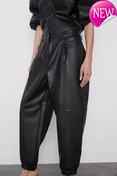 

Black Pu Women Leather Harm Pants Female Autumn Winter Vintage Faux Leather Trousers High Street Style