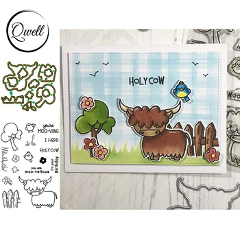 

QWELL Grass Tree Flowers Cow Birds Metal Cutting Dies Match Clear Silicone Stamps It's Your Birthday Words DIY Scrapbooking 2020