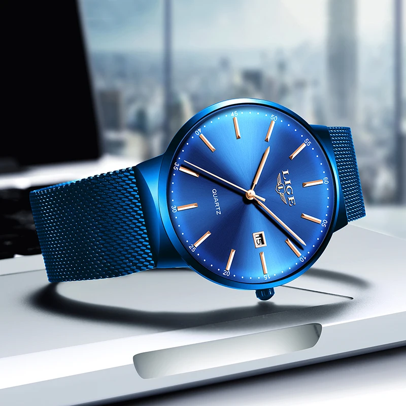 LIGE Womens Watches Top Brand luxury Analog Quartz Watch Women Full Blue Mesh Stainless Steel Date Clock Fashion Ultra-thin Dial